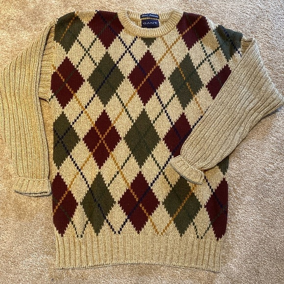 Gant Hand Intarsia Cotton Argyle Diamond Knit Sweater Tan Gold Green Brown L - Picture 1 of 6